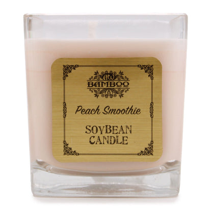 Peach Smoothie Soy Wax Candle – 200G in recycled glass jar, peach fragrance soy candle with label, square glass container