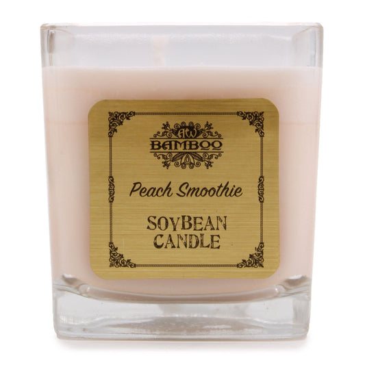 Peach Smoothie Sojawachs-Kerze – 200G im recycelten Glasbehälter, Sojawachs-Duftkerze mit Pfirsichduft und Etikett, quadratischer Glasbehälter