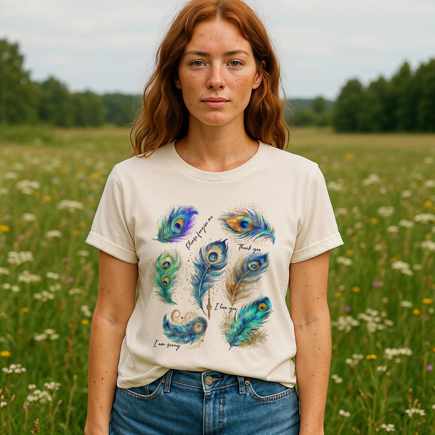 Peacock Hooponopono 100% Organic Cotton T-Shirt with peacock feather graphic, front view on model outdoors