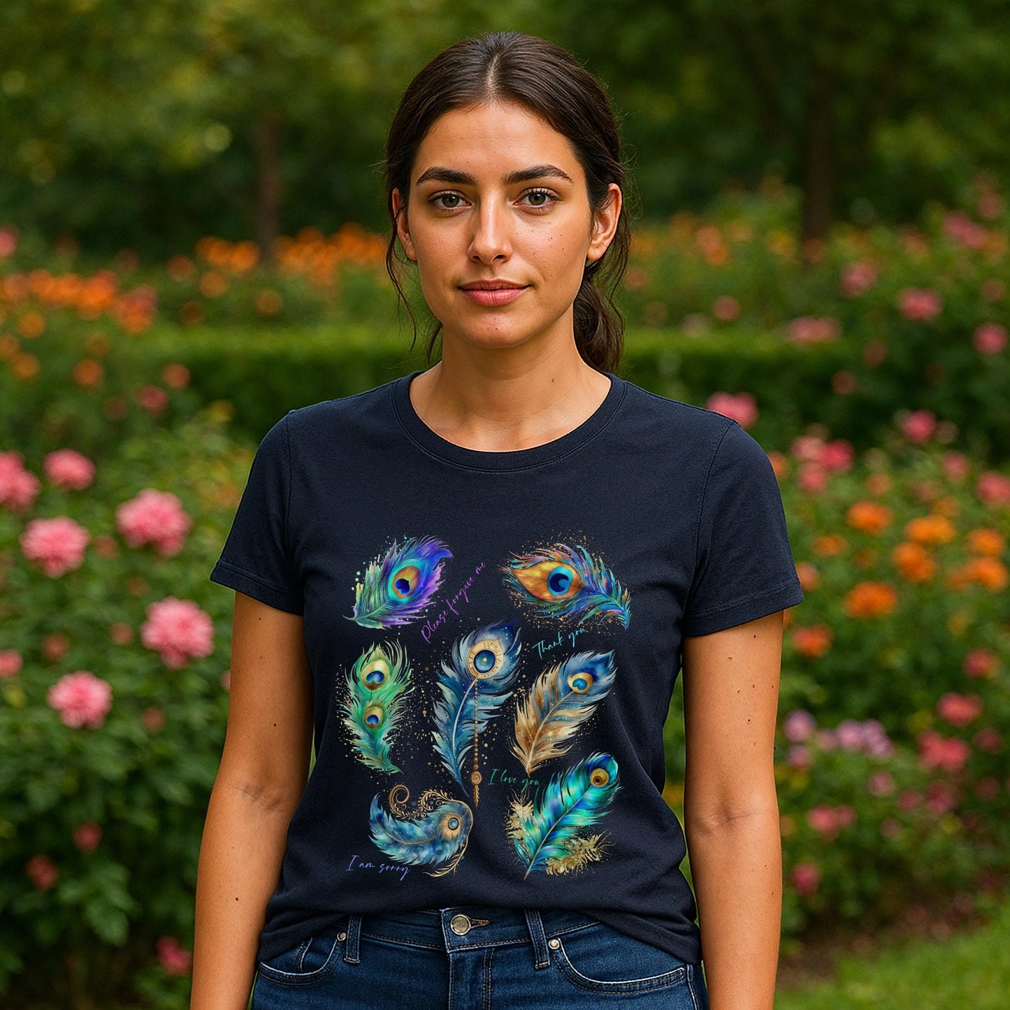 Alt Tag: Model wearing Peacock Hooponopono 100% Organic Cotton T-Shirt with colorful peacock feather graphic, navy tee outdoors