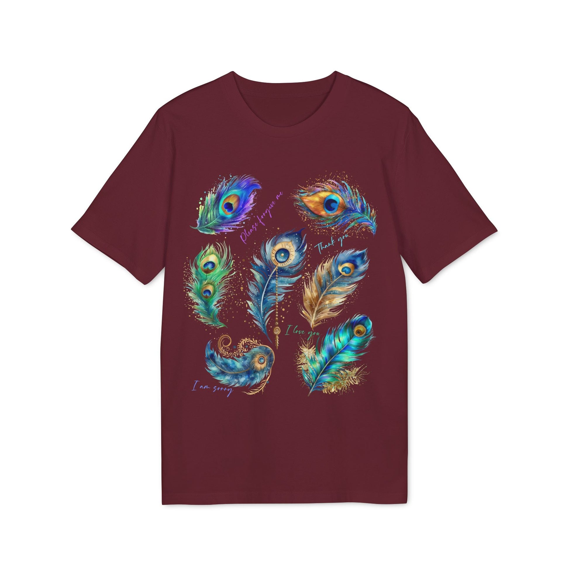 Alt Tag: Peacock Hooponopono 100% Organic Cotton T-Shirt granate con estampado de plumas de pavo real multicolor en el frente