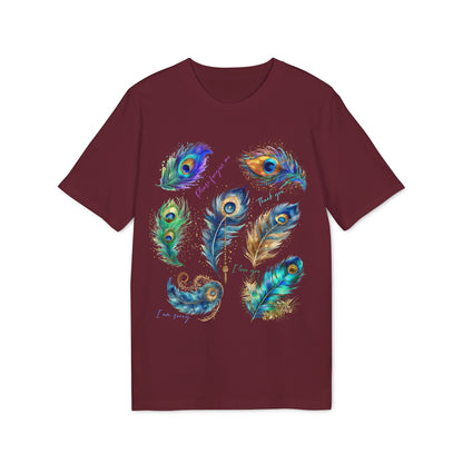 Alt Tag: Peacock Hooponopono 100% Organic Cotton T-Shirt granate con estampado de plumas de pavo real multicolor en el frente