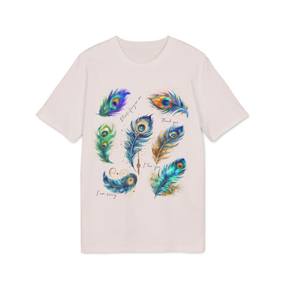 Peacock Hooponopono 100% Organic Cotton T-Shirt in light beige with colorful peacock feather illustration and Ho’oponopono phrases