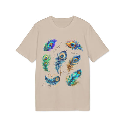 Alt Tag: Peacock Hooponopono 100% Organic Cotton T-Shirt beige with colorful peacock feather illustration and Hooponopono phrase print