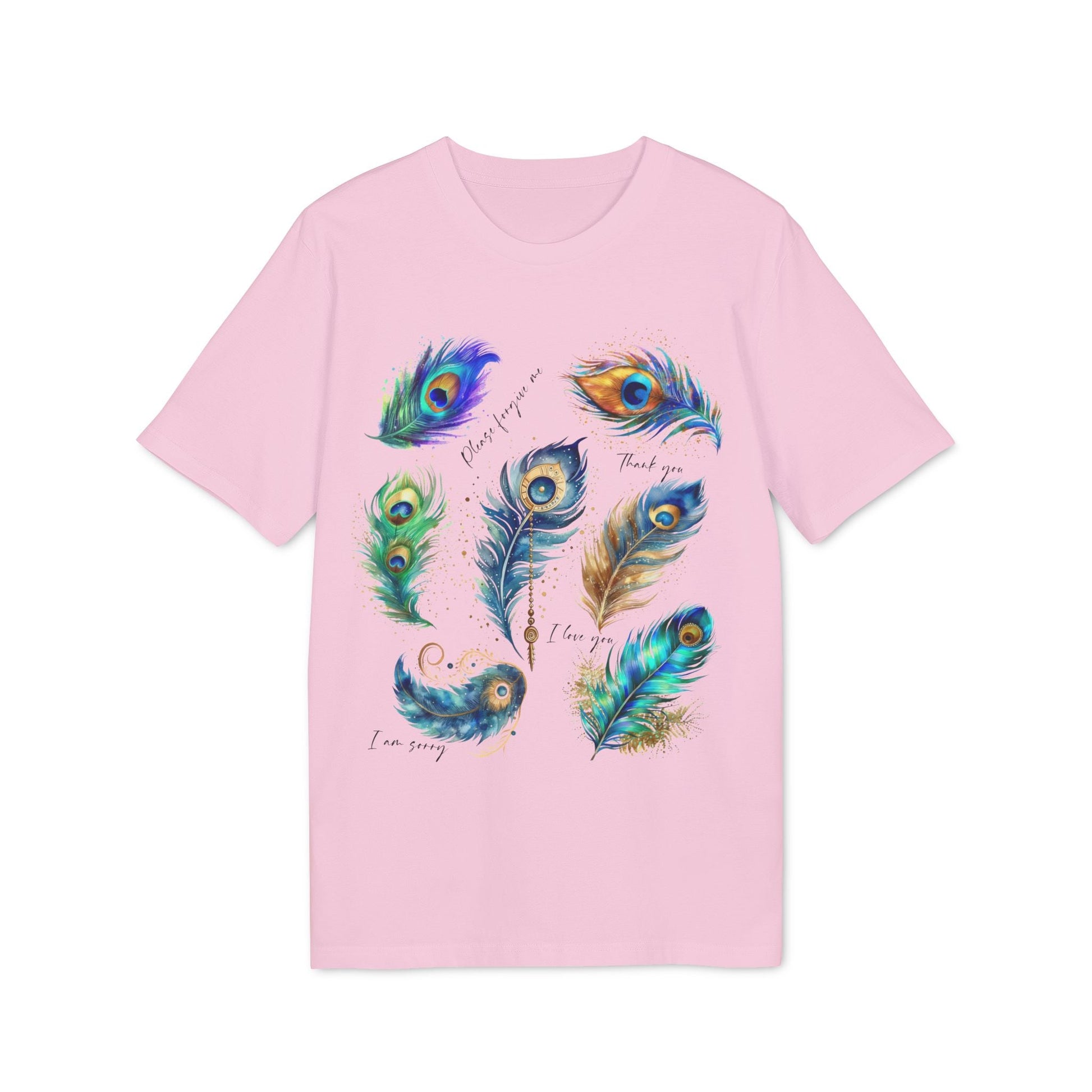 Peacock Hooponopono 100% Organic Cotton T-Shirt in pink with colorful peacock feather illustration and cursive Ho'oponopono phrases