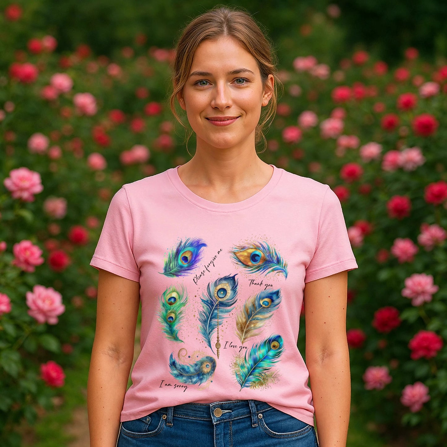 Peacock Hooponopono 100% Organic Cotton T-Shirt on model, pink tee with peacock feather graphic, outdoors