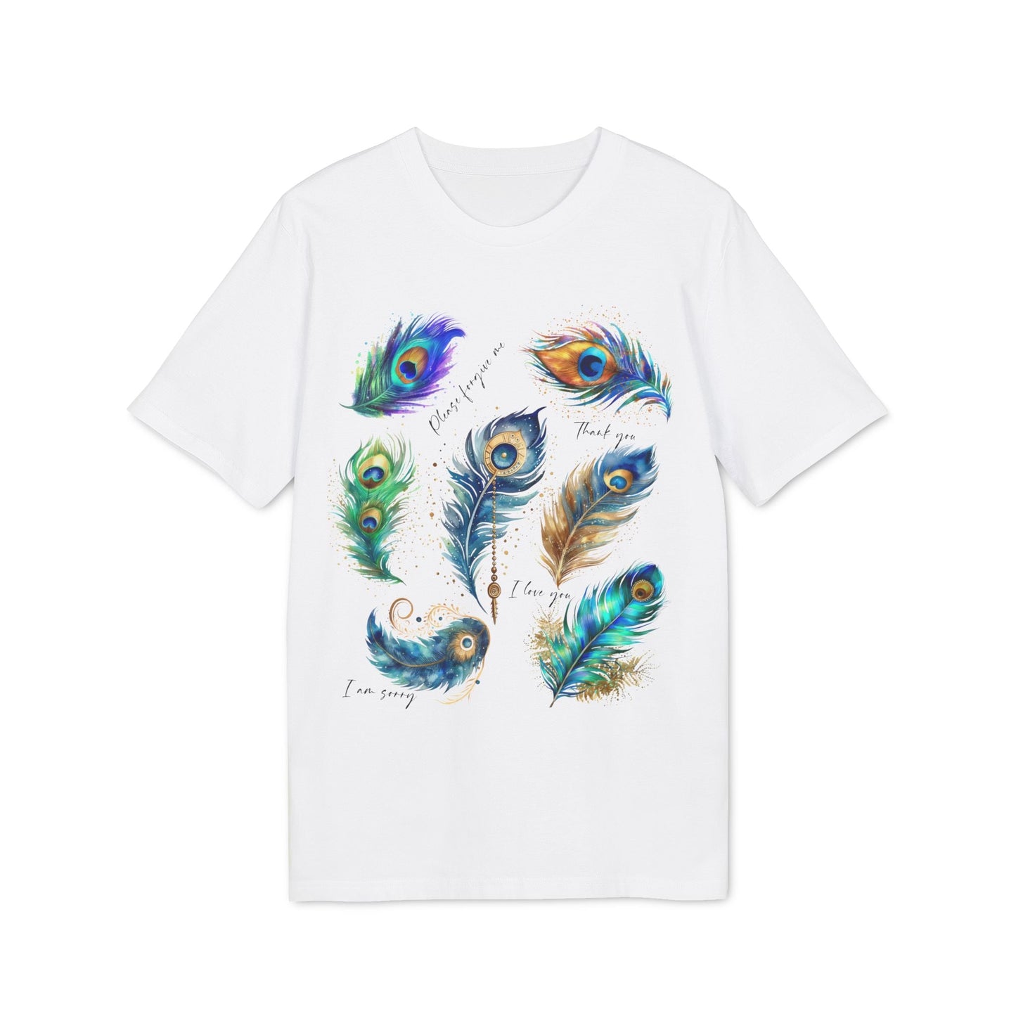 Alt Tag: Peacock Hooponopono 100% Organic Cotton T-Shirt blanca con ilustración de plumas de pavo real y frases Ho’oponopono