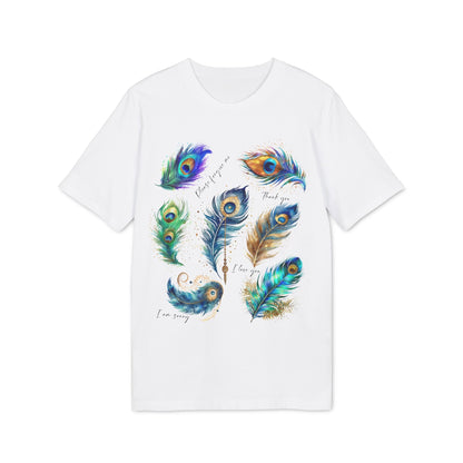 Alt Tag: Peacock Hooponopono 100% Organic Cotton T-Shirt blanca con ilustración de plumas de pavo real y frases Ho’oponopono