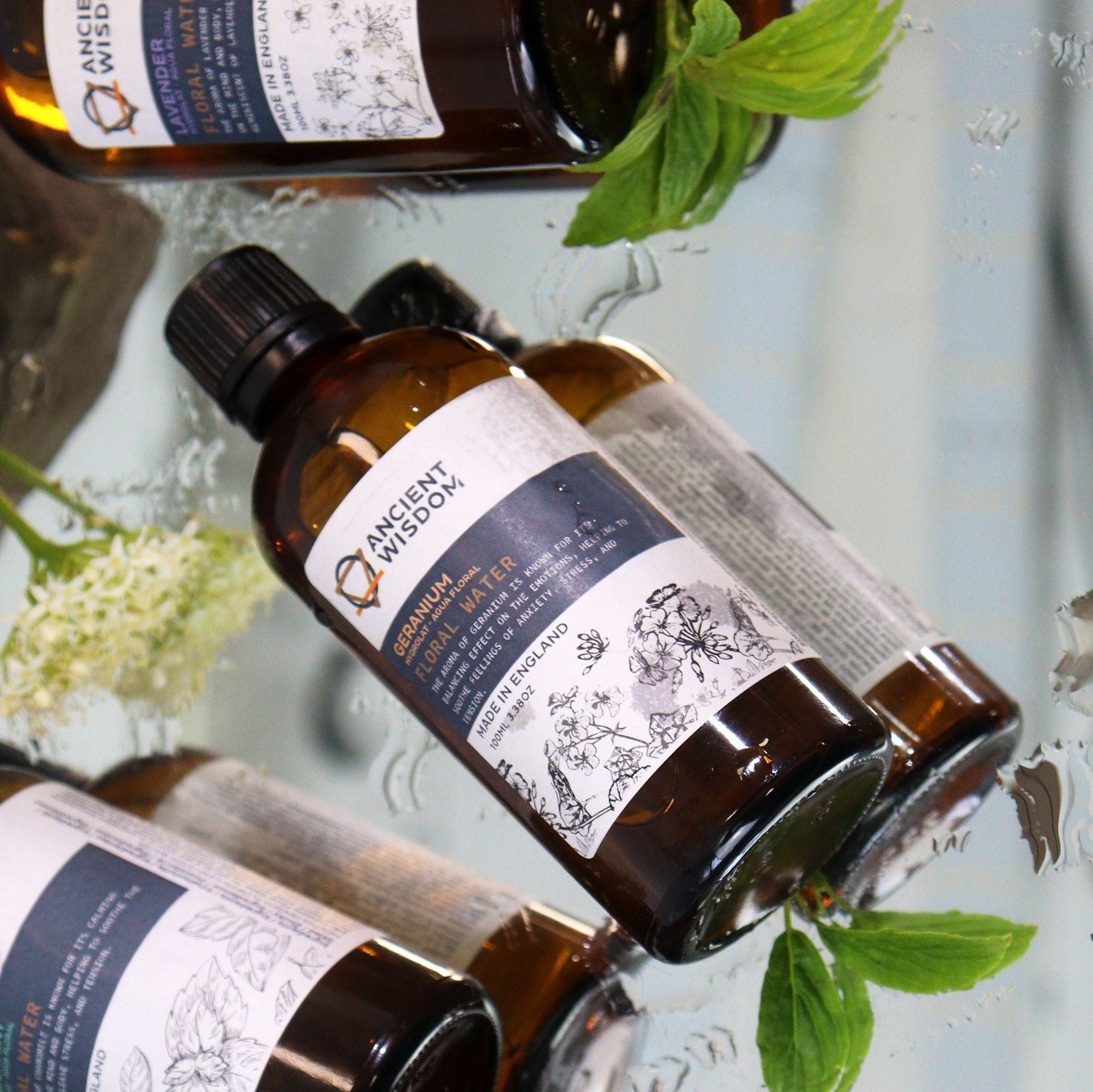Pelargonium Graveolens Geranium Hydrolat – 100ML bottle set on wet surface with botanical label and fresh green leaves