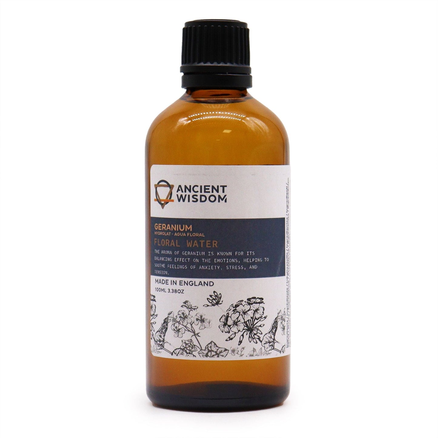 Pelargonium Graveolens Geranium Hydrolat – 100ML amber glass bottle floral water with black cap, Ancient Wisdom label