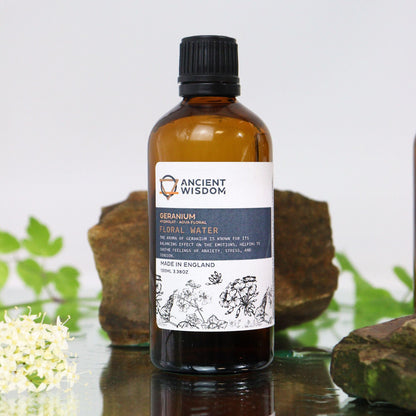 Pelargonium Graveolens Geranium Hydrolat – 100ML amber glass bottle floral water with black cap and label, product photo