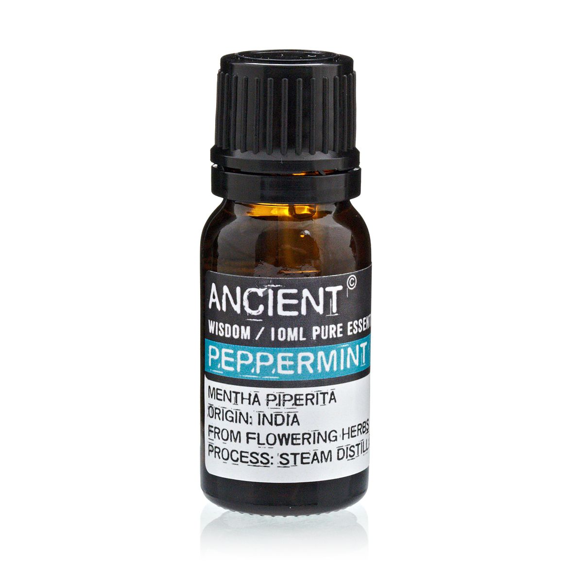 Alt-tag: Eterisk pepparmyntsolja – 10 ml bärnstensfärgad glasflaska med svart kork, Ancient Wisdom Pepparmynt-etikett, 10 ml ren eterisk olja