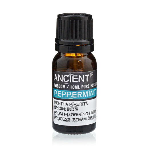 Alt Tag: Peppermint Essential Oil – 10 ML amber glass bottle with black cap, Ancient Wisdom Peppermint label, 10ml pure essential oil