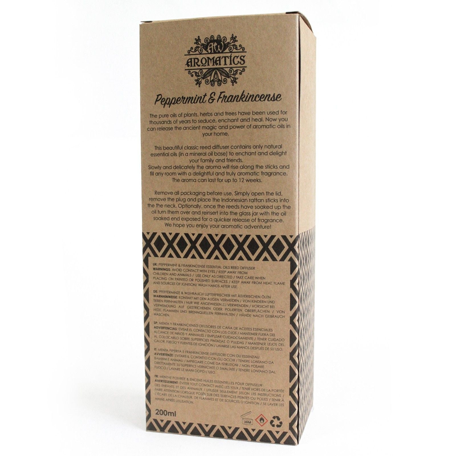 Alt-Tag: Peppermint & Frankincense Reed Diffuser – 200ML Box des Diffusors in einer Kartonverpackung mit geometrischem Design und Markentext