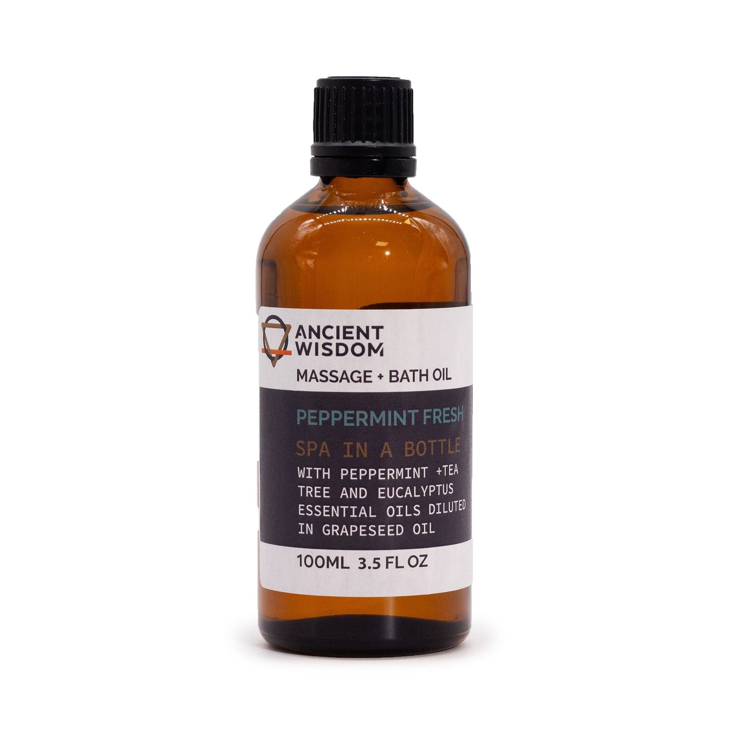 Alt Tag: Peppermint Fresh Massage Oil – Massage- och badolja i 100ML bärnstensfärgad flaska med eteriska oljor av pepparmynta, tea tree och eukalyptus, 100ml