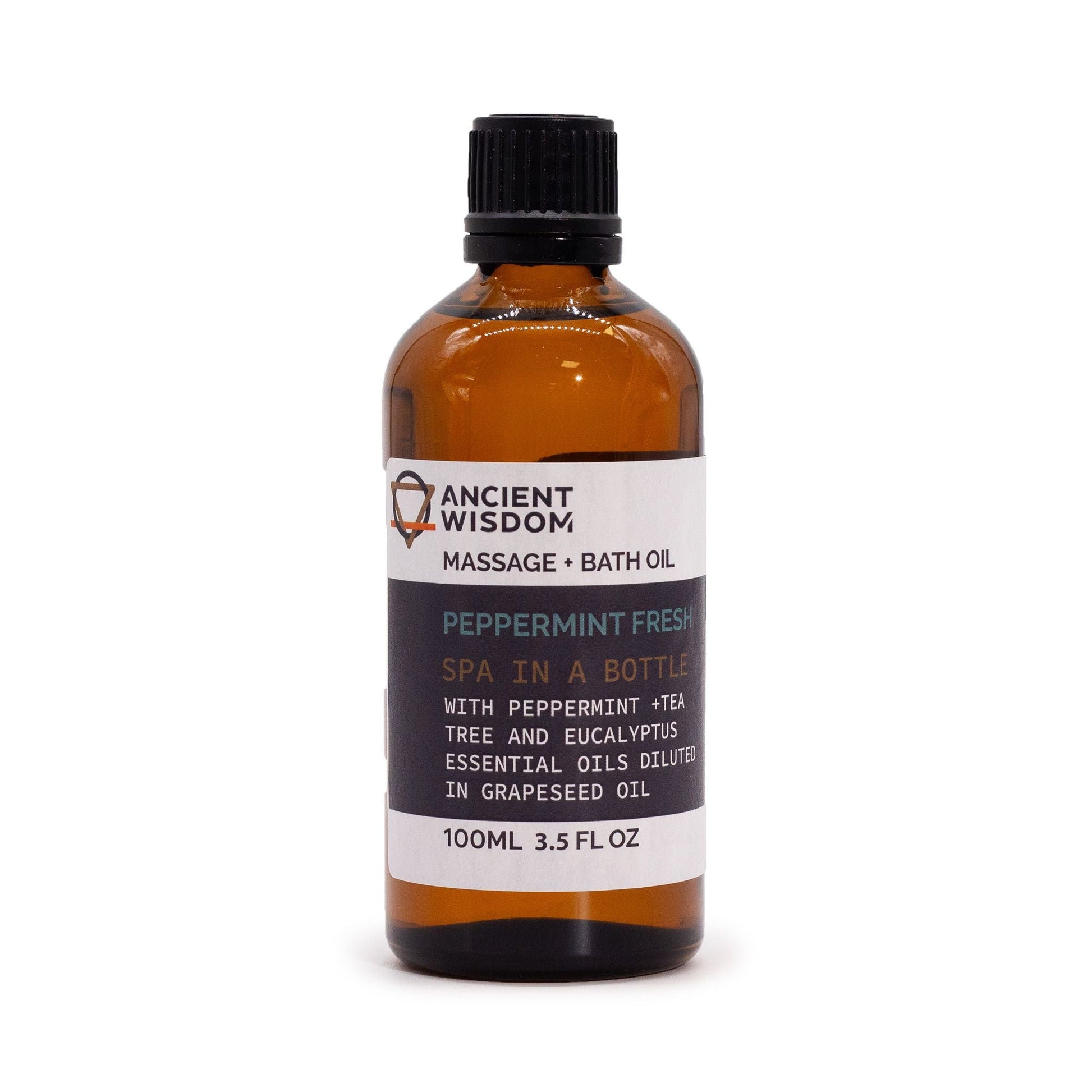 Alt Tag: Peppermint Fresh Massage Oil – Massage- och badolja i 100ML bärnstensfärgad flaska med eteriska oljor av pepparmynta, tea tree och eukalyptus, 100ml