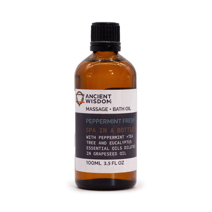 Alt Tag: Peppermint Fresh Massage Oil – Massage- och badolja i 100ML bärnstensfärgad flaska med eteriska oljor av pepparmynta, tea tree och eukalyptus, 100ml
