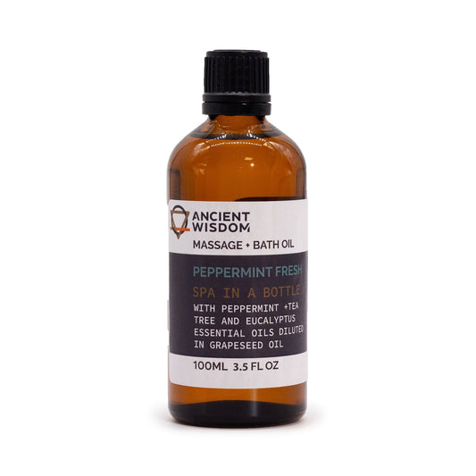 Alt Tag: Peppermint Fresh Massage Oil – Massage- och badolja i 100ML bärnstensfärgad flaska med eteriska oljor av pepparmynta, tea tree och eukalyptus, 100ml