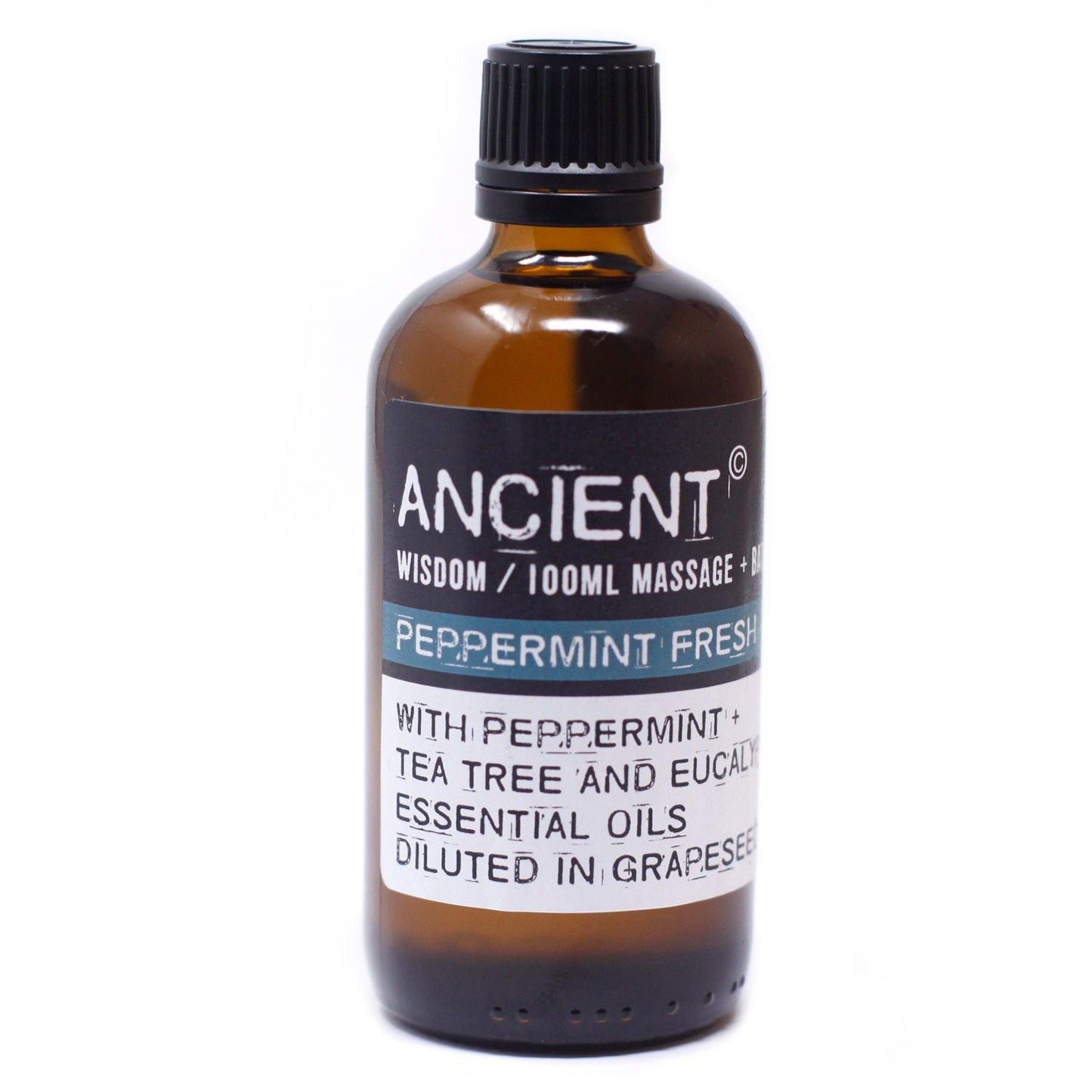 Peppermint Fresh massageolja – 100 ml bärnstensfärgad glasflaska med svart kork, etikett med Peppermint Fresh, blandad med pepparmynta-, tea tree- och eukalyptusoljor