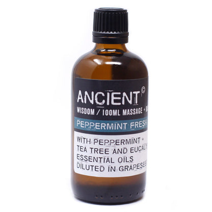 Peppermint Fresh massageolja – 100 ml bärnstensfärgad glasflaska med svart kork, etikett med Peppermint Fresh, blandad med pepparmynta-, tea tree- och eukalyptusoljor