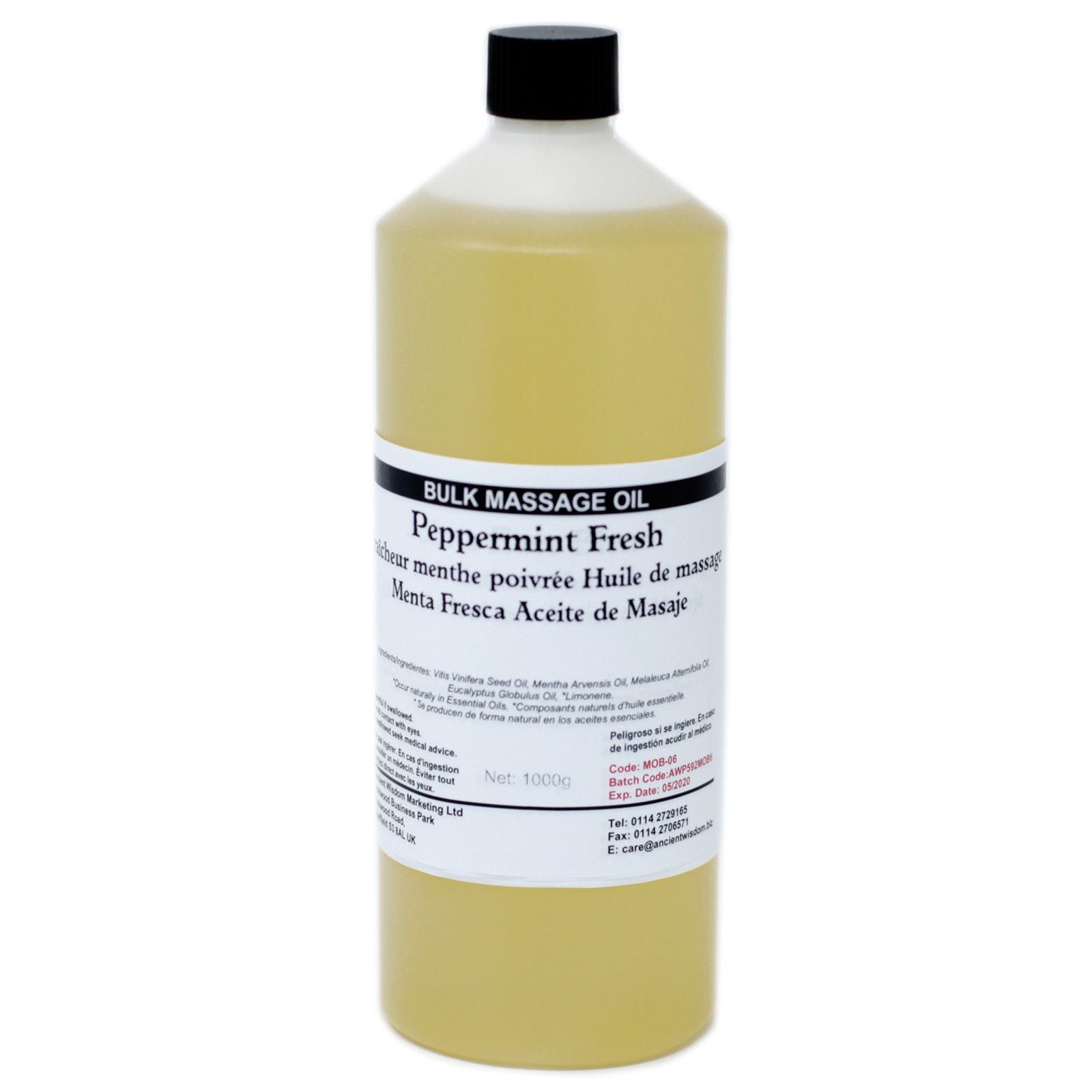 Massageöl mit Pfefferminze – 1KG Bliss Flasche Massageöl mit Pfefferminze, 1 kg, Etikett Peppermint Fresh