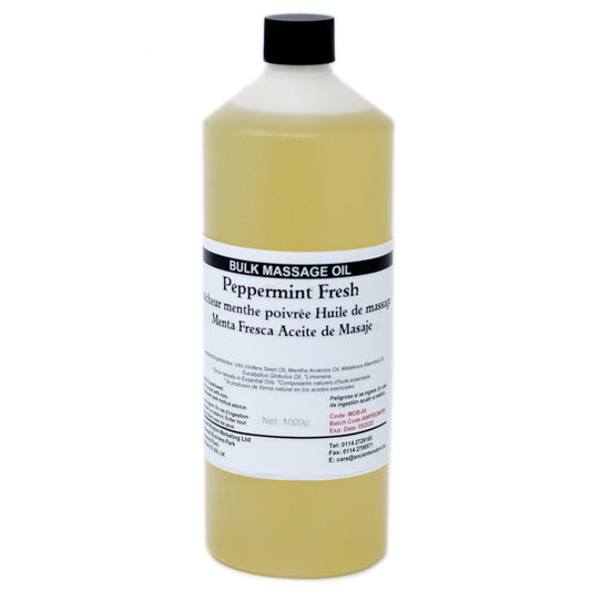 Massageöl mit Pfefferminze – 1KG Bliss Flasche Massageöl mit Pfefferminze, 1 kg, Etikett Peppermint Fresh