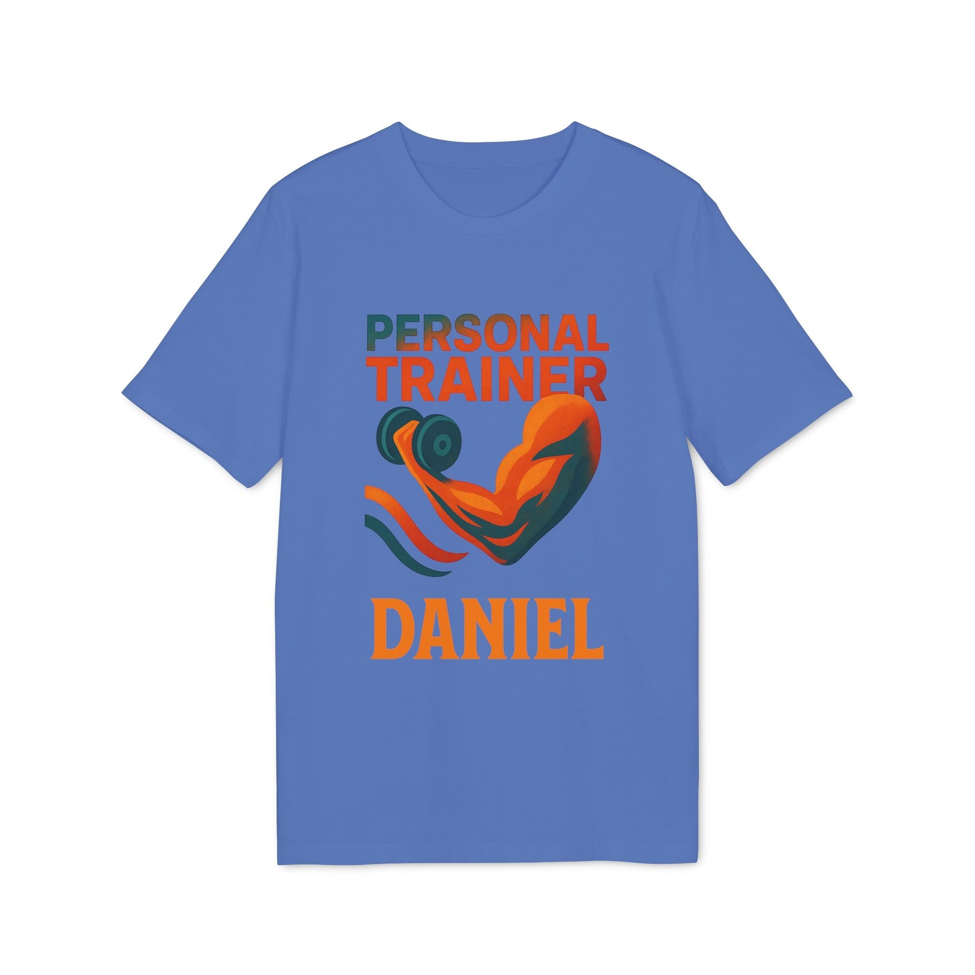 Alt Tag: Personal Trainer Personalized Sustainable Unisex Tee azul con gráfico de brazos y texto “PERSONAL TRAINER” y nombre “DANIEL”
