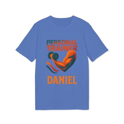 Alt Tag: Personal Trainer Personalized Sustainable Unisex Tee azul con gráfico de brazos y texto “PERSONAL TRAINER” y nombre “DANIEL”