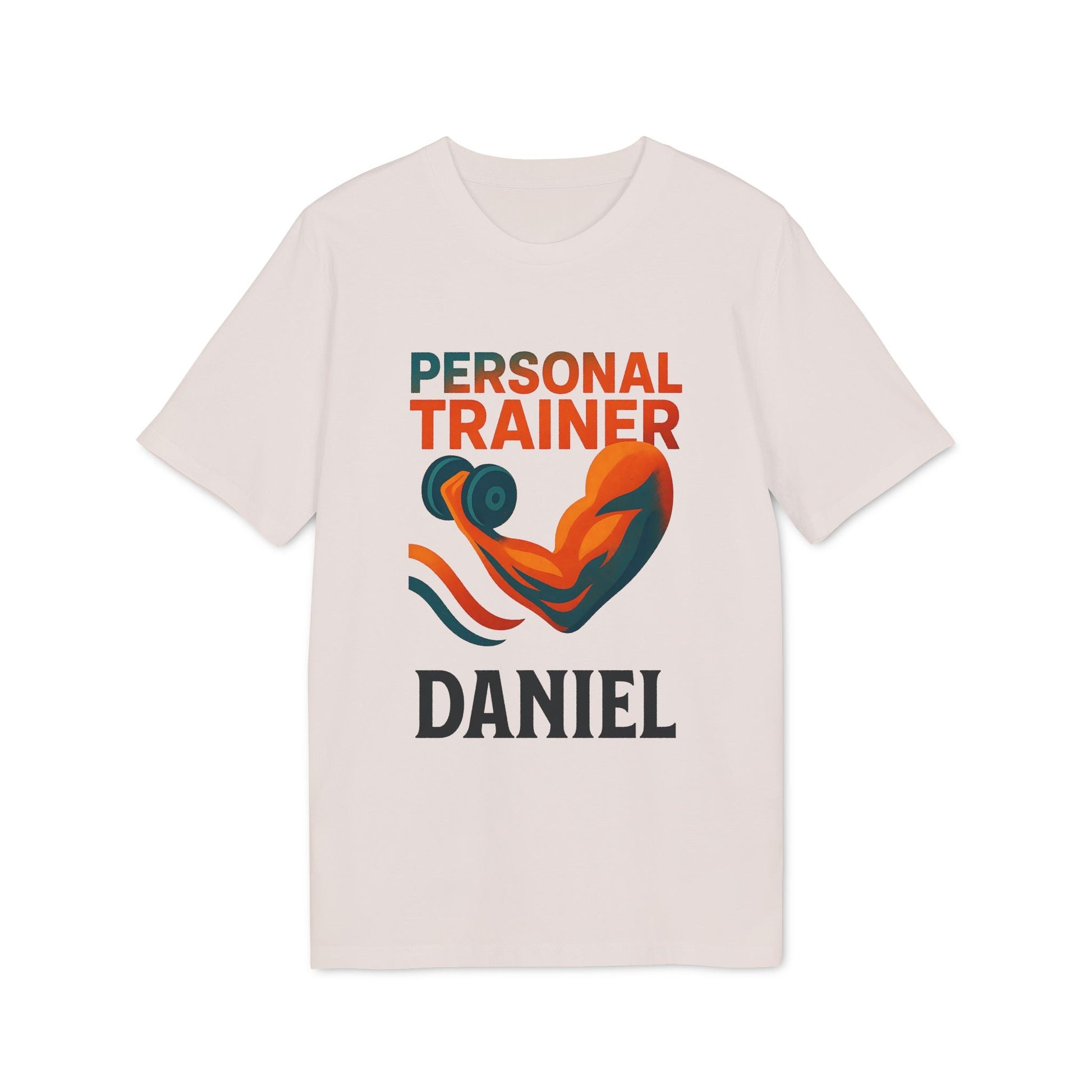 Alt Tag: Personal Trainer Personalized Sustainable Unisex Tee color beige with "Personal Trainer" graphic and personalized name Daniel