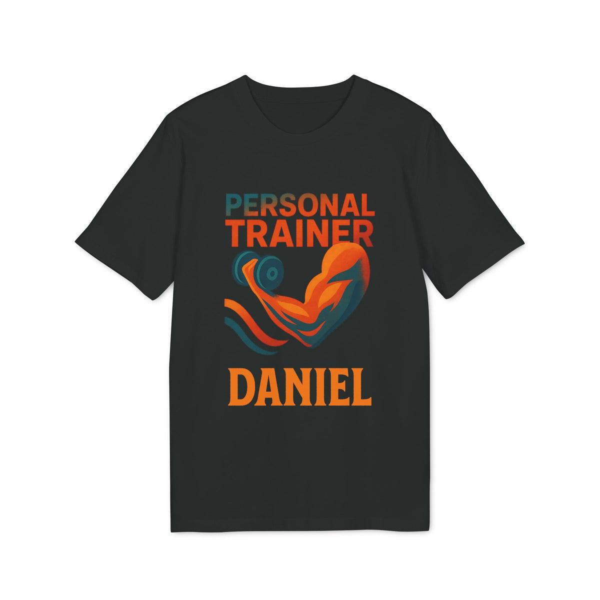 Personal Trainer Personalized Sustainable Unisex Tee negra con gráfico de bíceps y texto “Personal Trainer” y nombre “Daniel”