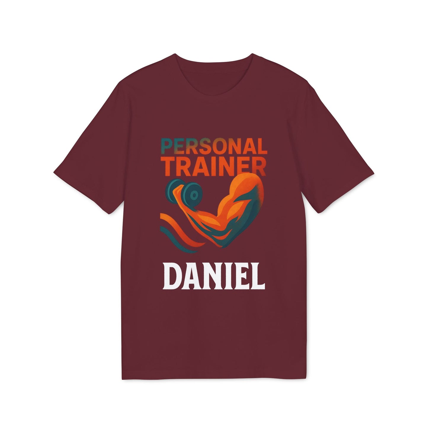 Alt Tag: Personal Trainer Personalized Sustainable Unisex Tee camiseta unisex color burdeos con gráfico de pesas y nombre personalizado “DANIEL”
