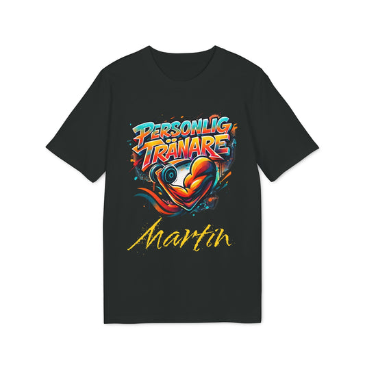 Alt Tag: Personal Trainer Personalized Swedish 100% Organic Cotton T-Shirt black tee with “Personlig Tränare” graphic and custom name Martin