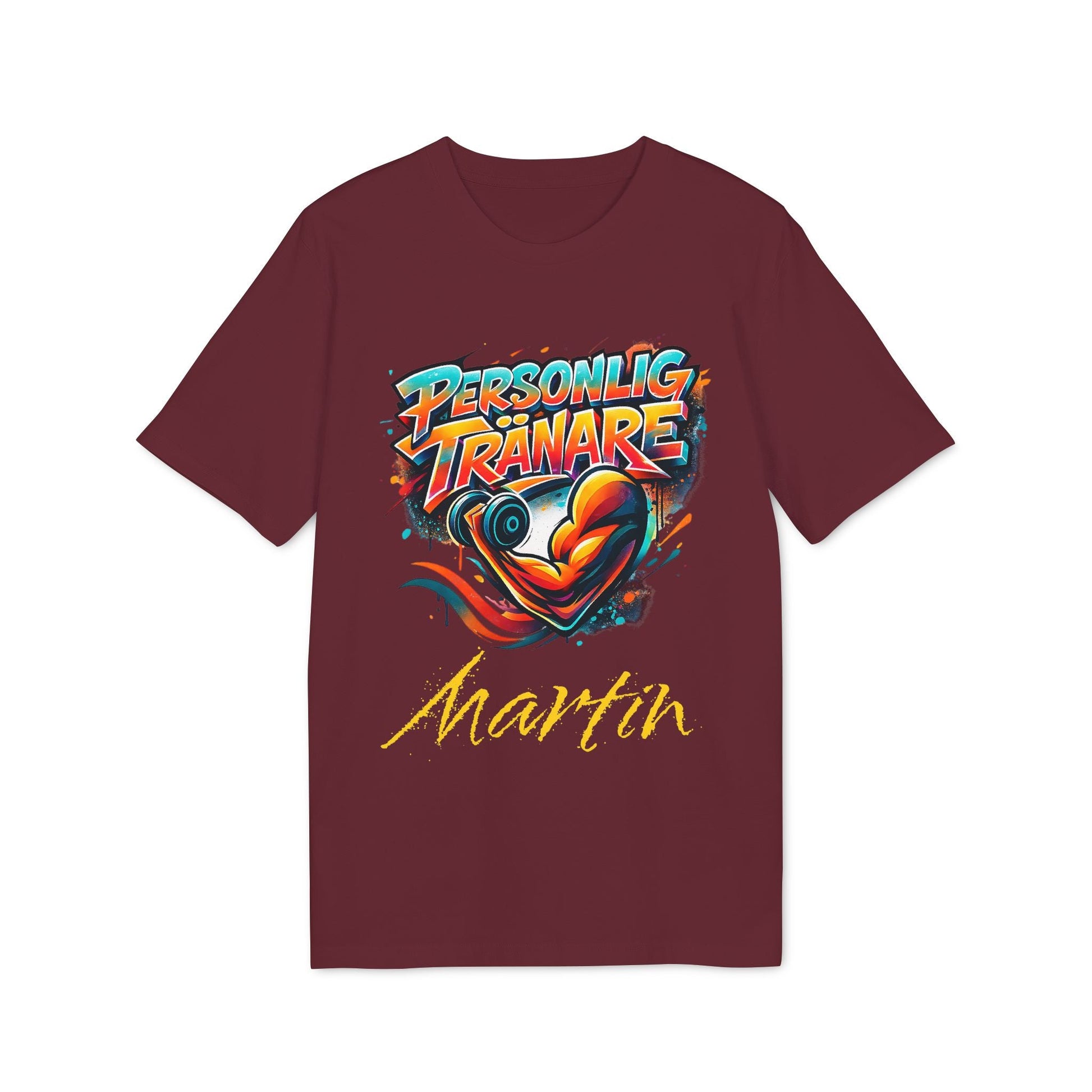 Personal Trainer Personalized Swedish 100% Organic Cotton T-Shirt in burgundy with “Personlig Tränare” graphic and Martin name print