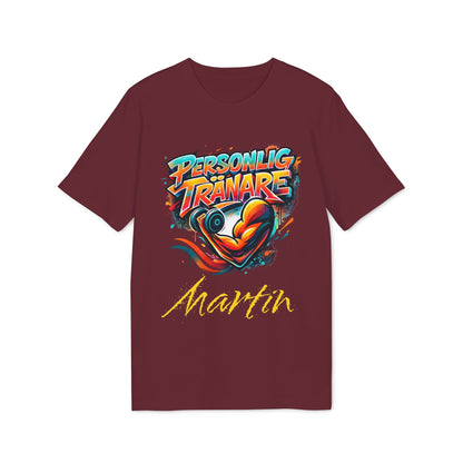 Personal Trainer Personalized Swedish 100% Organic Cotton T-Shirt in burgundy with “Personlig Tränare” graphic and Martin name print