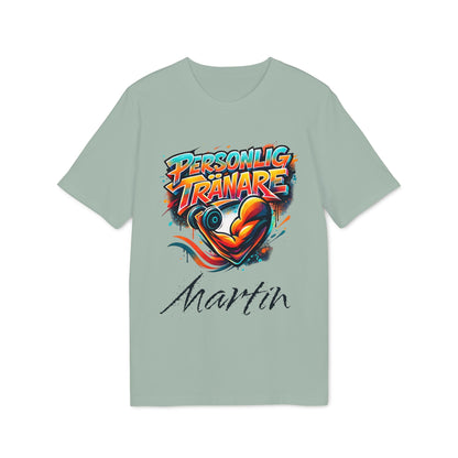 Personal Trainer Personalized Swedish 100% Organic Cotton T-Shirt, sage green tee with “Personlig tränare” graphic and custom name Martin