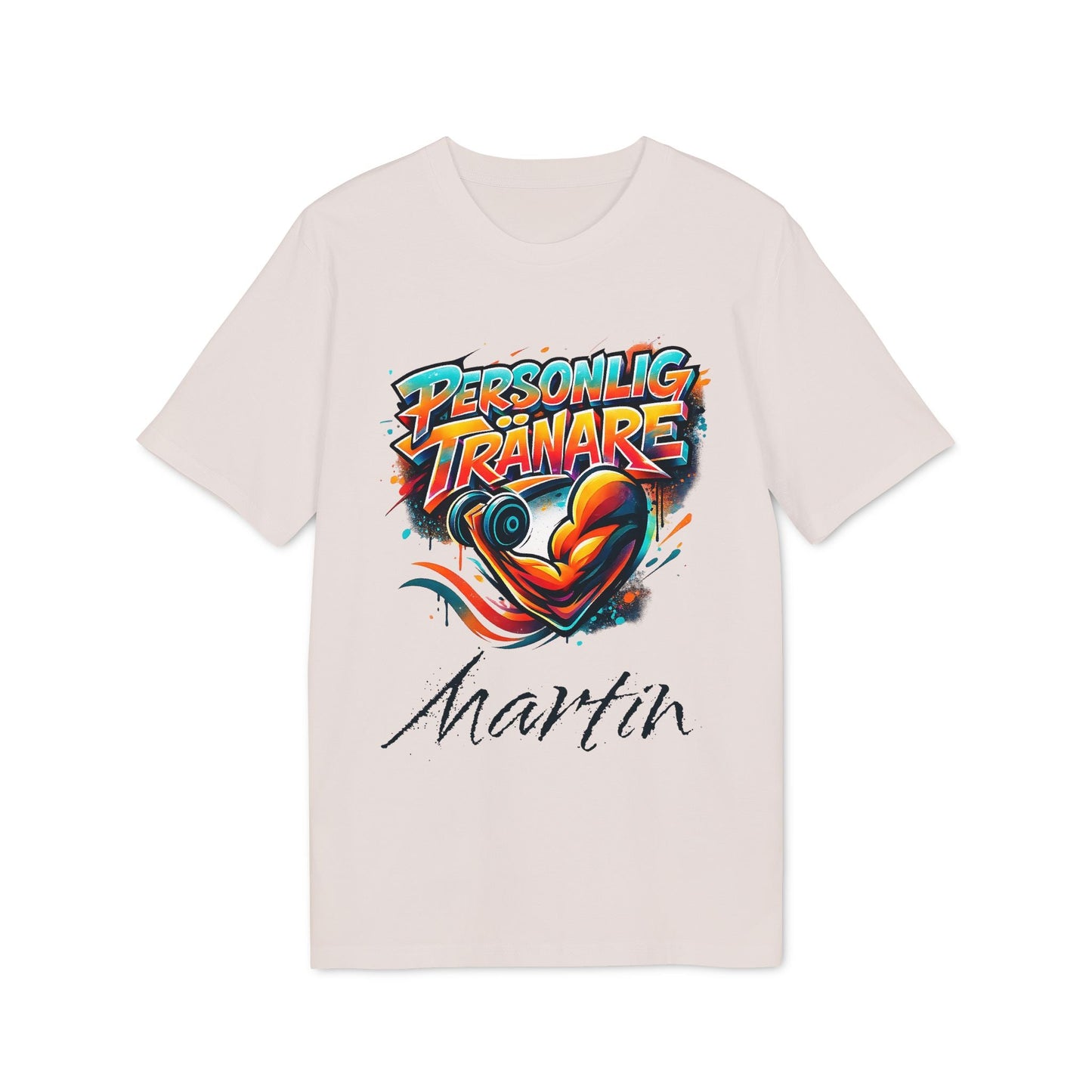 Personal Trainer Personalized Swedish 100% Organic Cotton T-Shirt, beige tee with “Personlig Tränare” graphic and custom name Martin