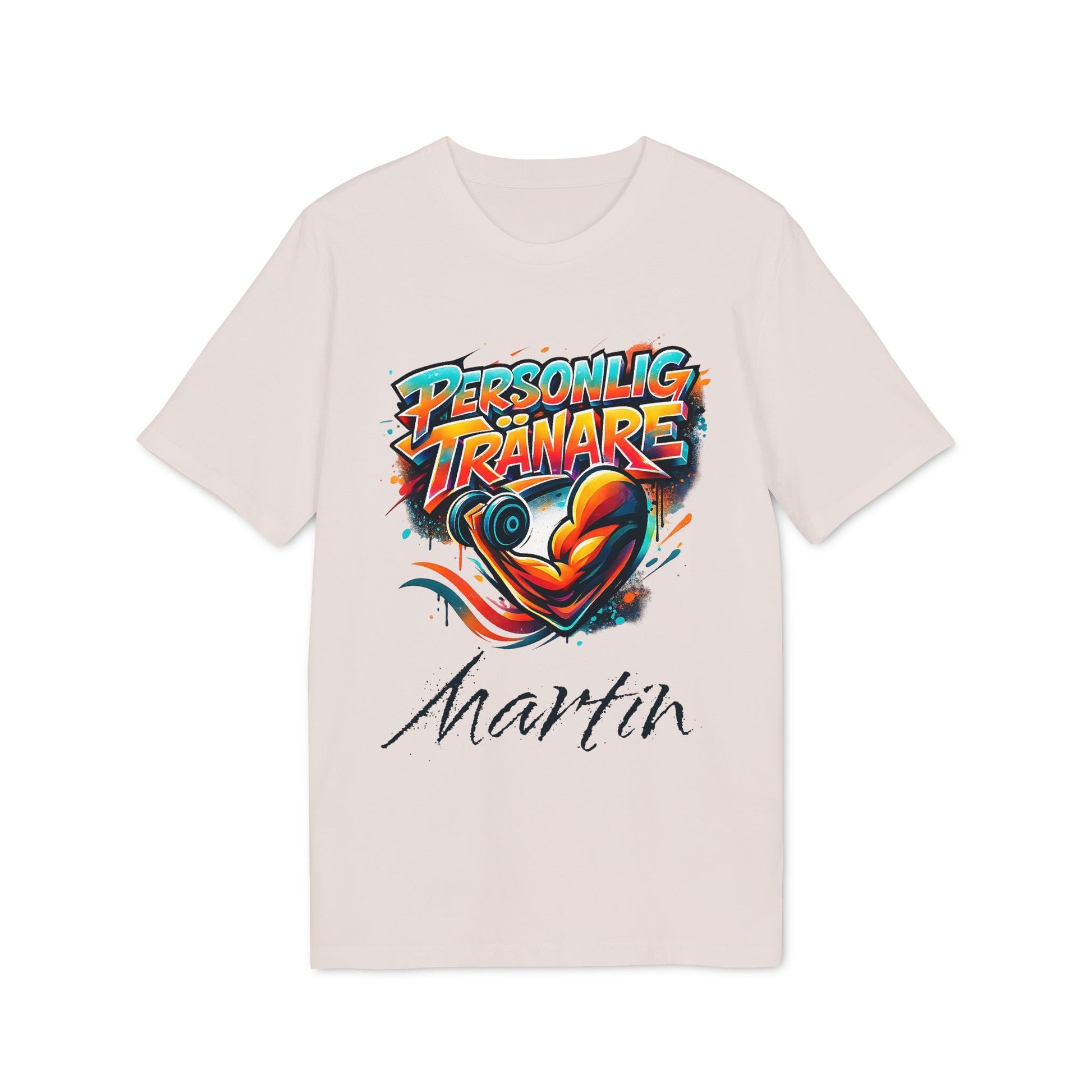 Personal Trainer Personalized Swedish 100% Organic Cotton T-Shirt, beige tee with “Personlig Tränare” graphic and custom name Martin