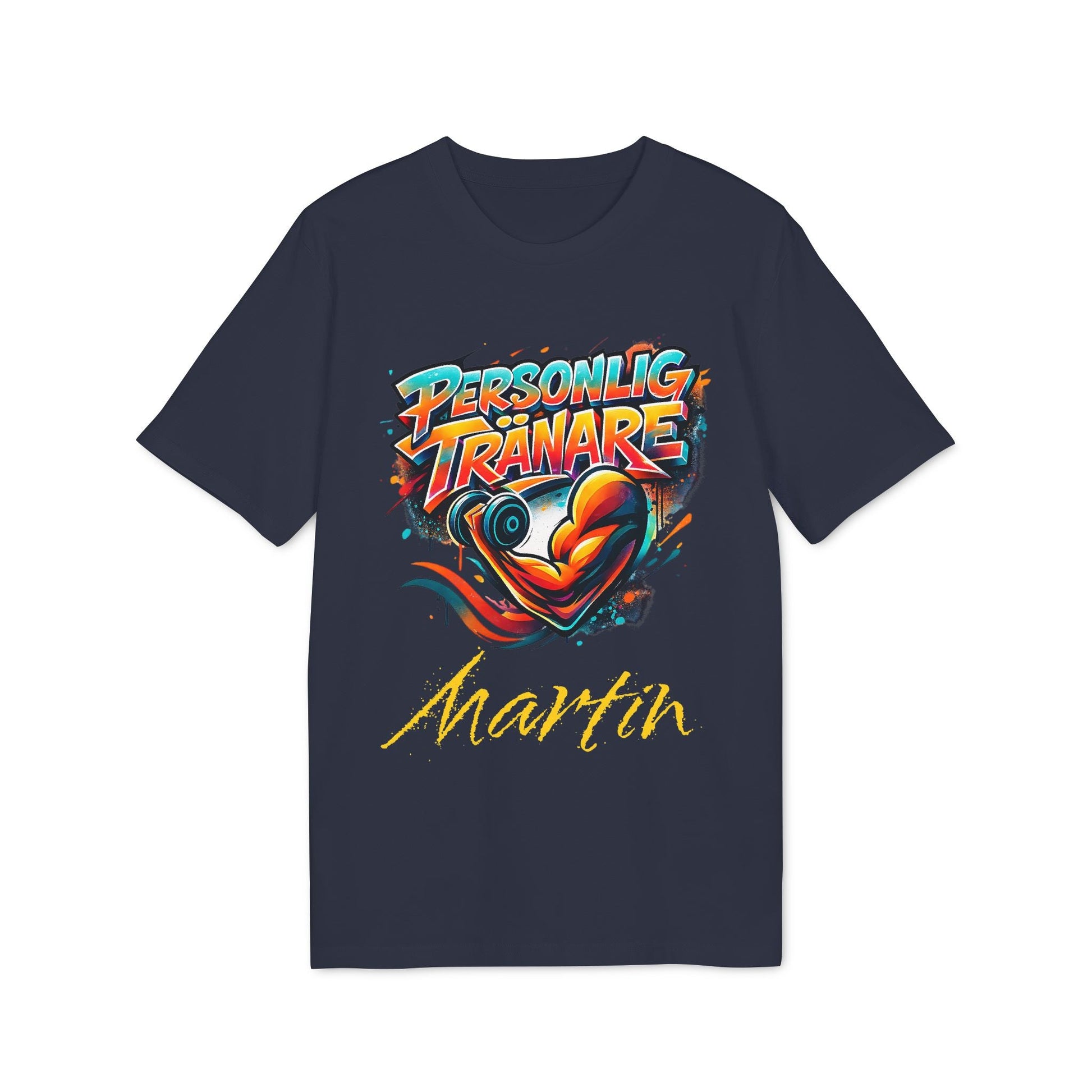 Personal Trainer Personalized Swedish 100% Organic Cotton T-Shirt navy tee with “Personlig Tränare” graphic and custom name Martin