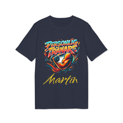 Personal Trainer Personalized Swedish 100% Organic Cotton T-Shirt navy tee with “Personlig Tränare” graphic and custom name Martin