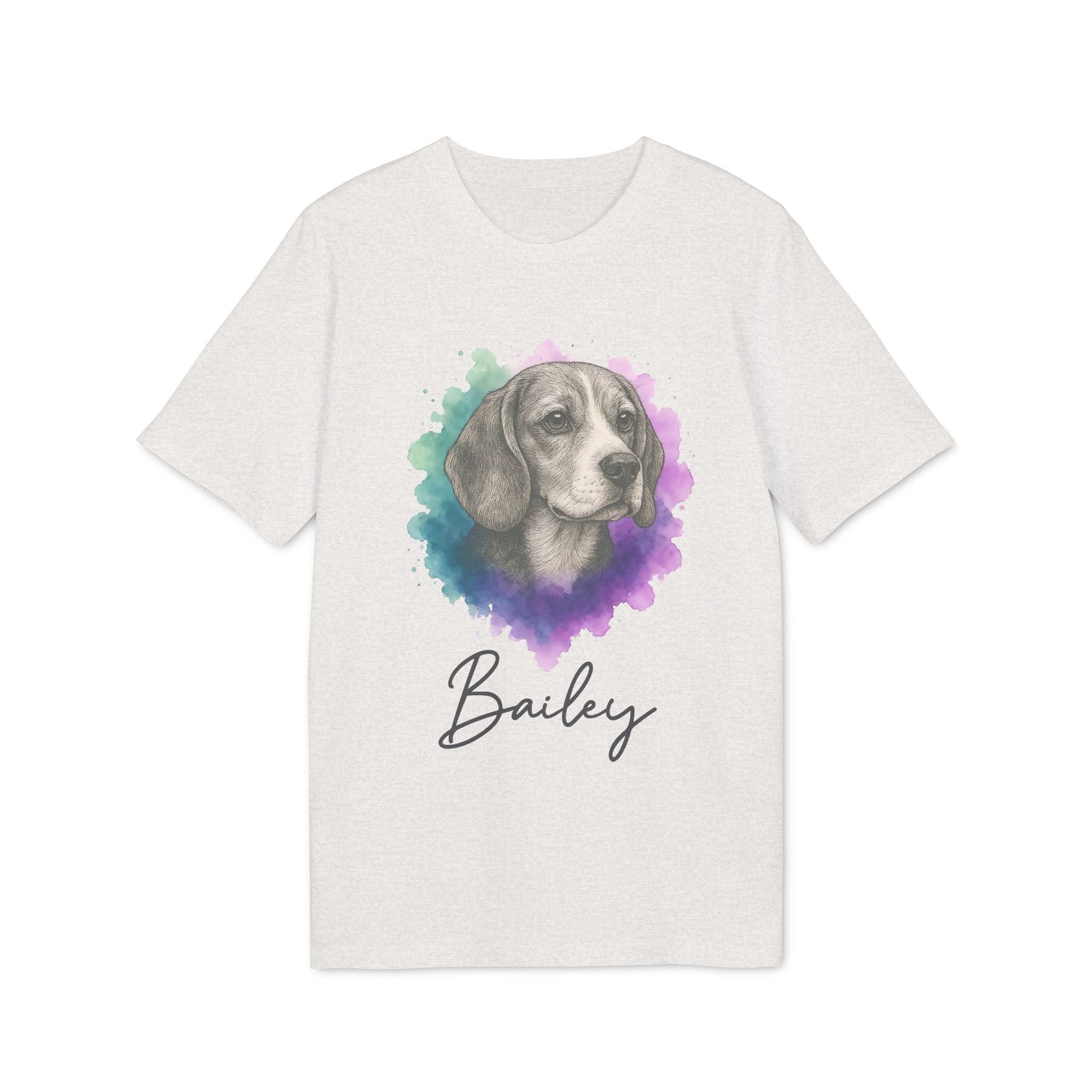 Beagle Personalized Dog Sustainable Unisex Tee con retrato de beagle estilo acuarela y nombre personalizado Bailey en camiseta blanca