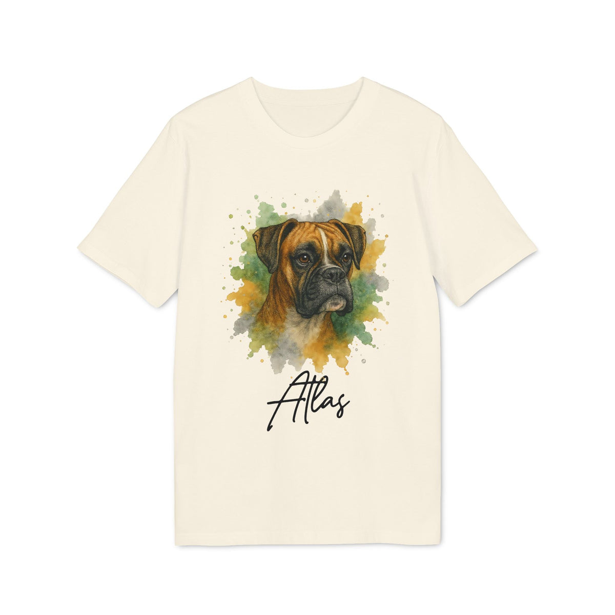 Alt Tag: Boxer Personalized Dog 100% Organic Cotton T-Shirt with watercolor boxer portrait and custom name “Atlas” on cream tee
