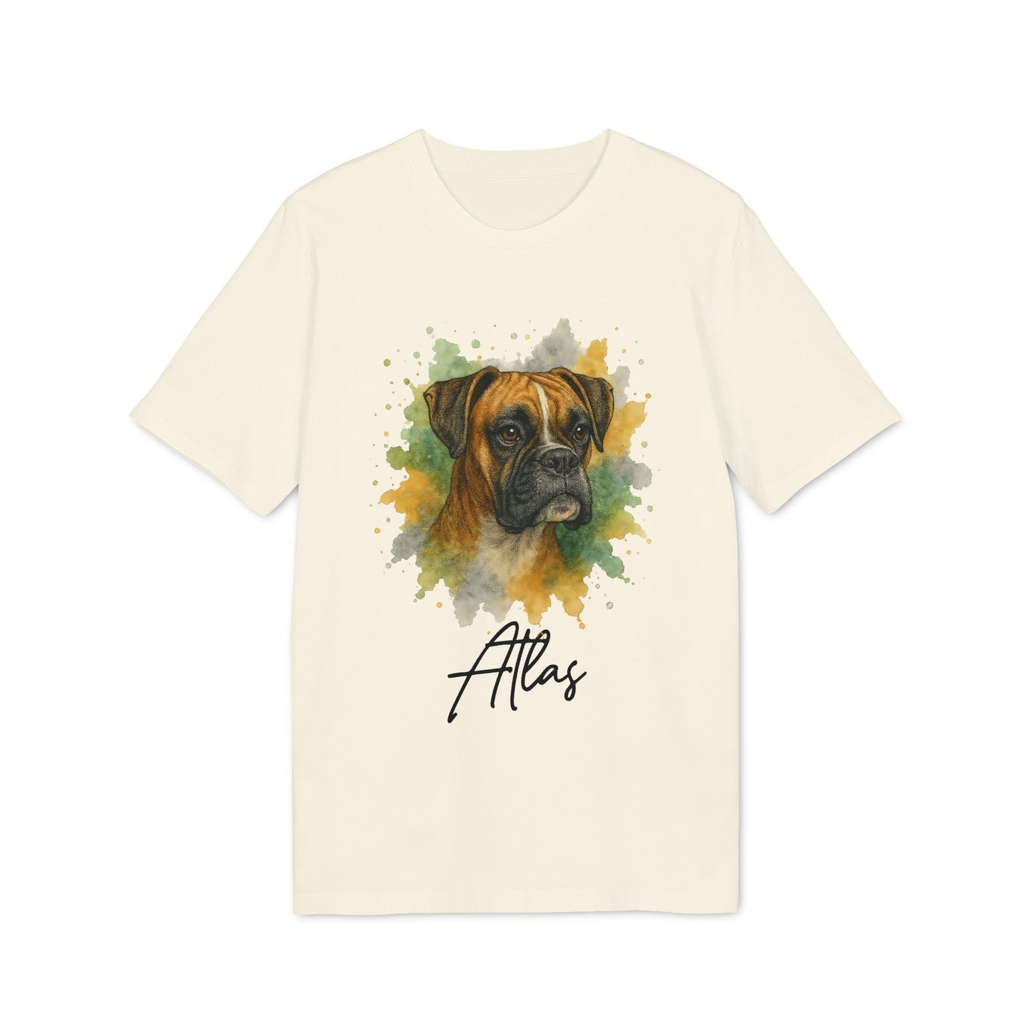 Alt Tag: Boxer Personalized Dog 100% Organic Cotton T-Shirt with watercolor boxer portrait and custom name “Atlas” on cream tee