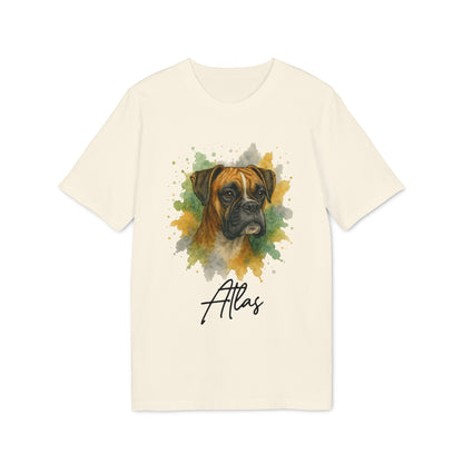 Alt Tag: Boxer Personalized Dog 100% Organic Cotton T-Shirt with watercolor boxer portrait and custom name “Atlas” on cream tee