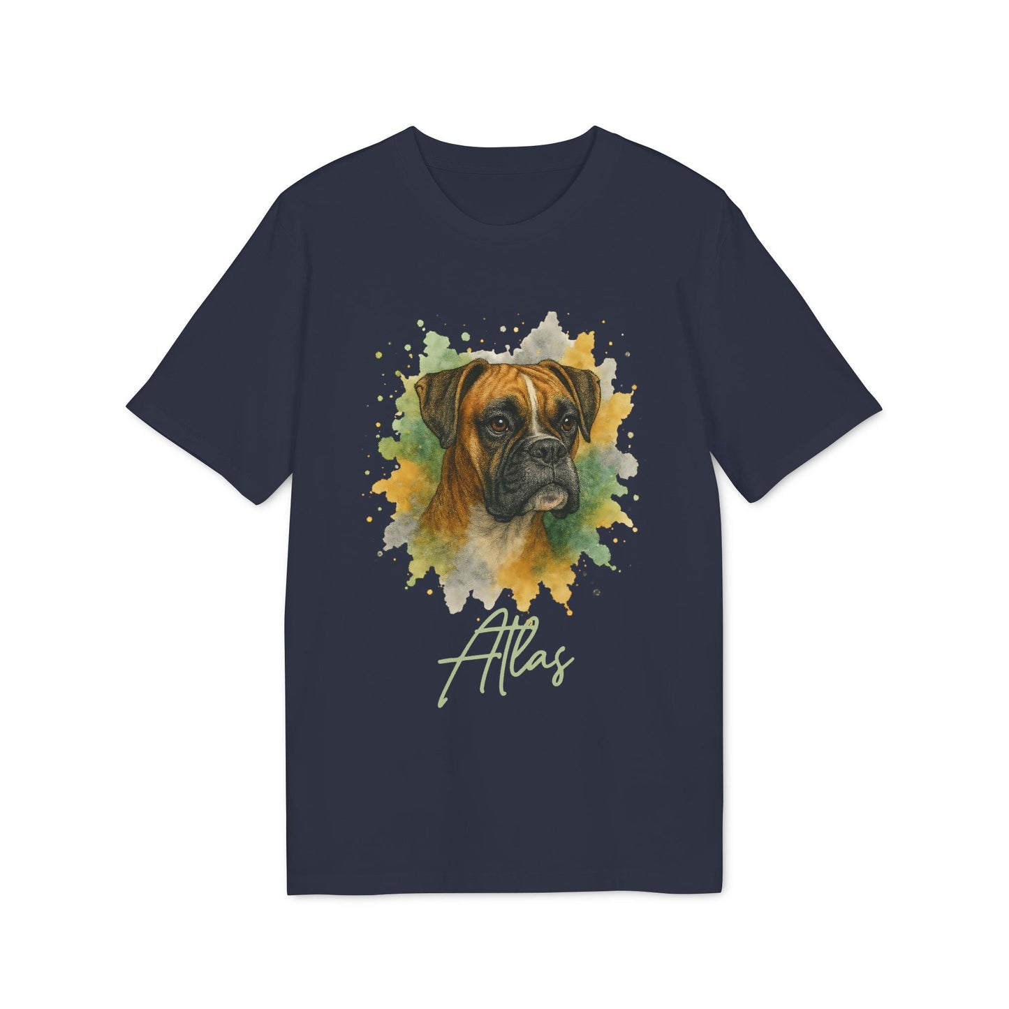 Alt Tag: Boxer Personalized Dog 100% Organic Cotton T-Shirt navy tee with watercolor boxer portrait and custom name "Atlas"