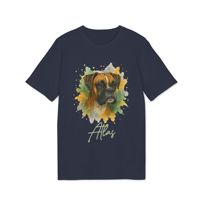 Alt Tag: Boxer Personalized Dog 100% Organic Cotton T-Shirt navy tee with watercolor boxer portrait and custom name "Atlas"