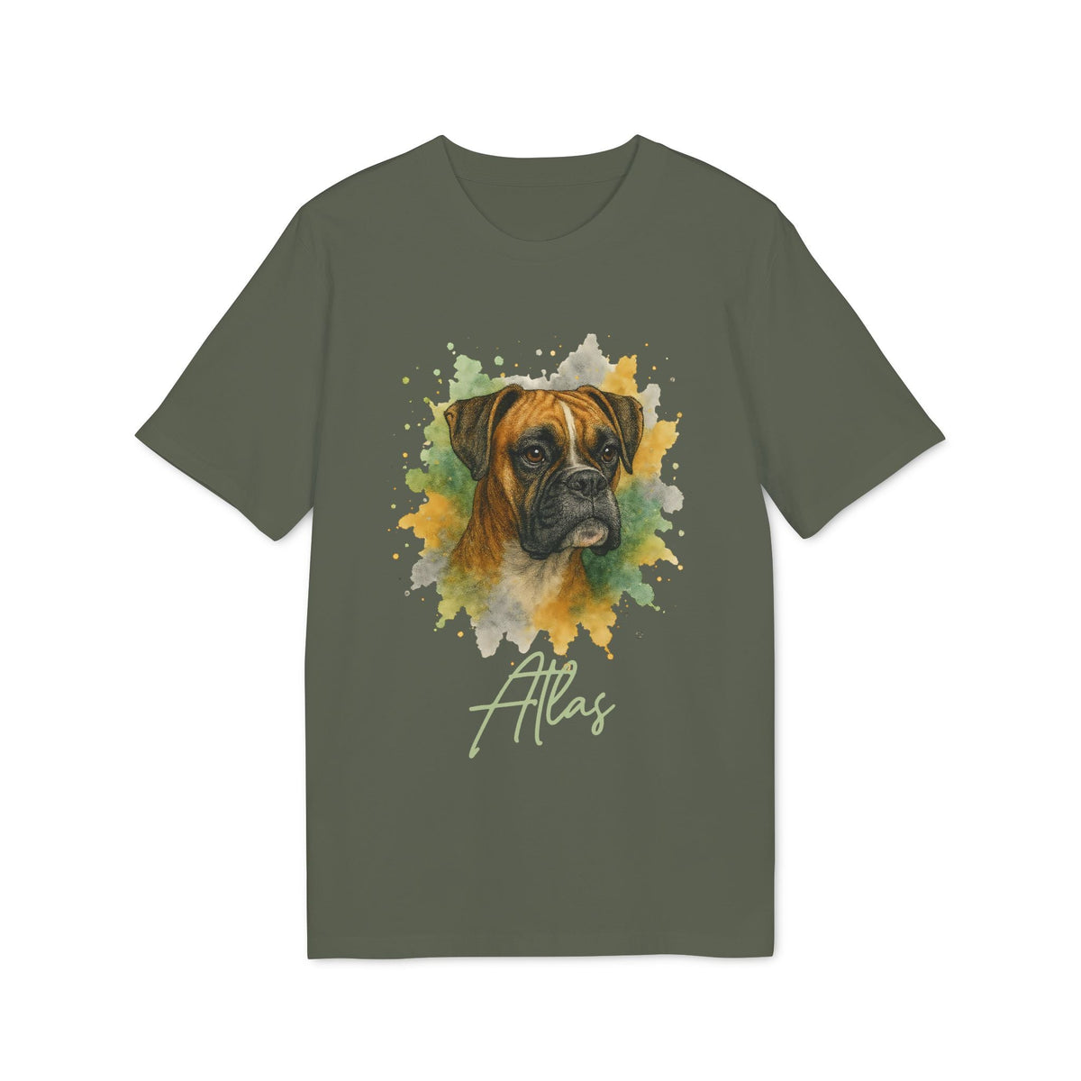 Boxer Personalized Dog 100% Organic Cotton T-Shirt with boxer watercolor portrait and name “Atlas” on olive green tee