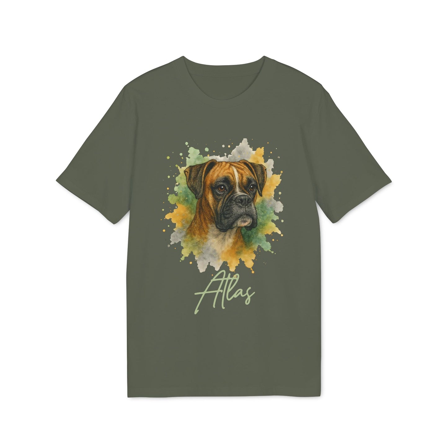 Boxer Personalized Dog 100% Organic Cotton T-Shirt with boxer watercolor portrait and name “Atlas” on olive green tee