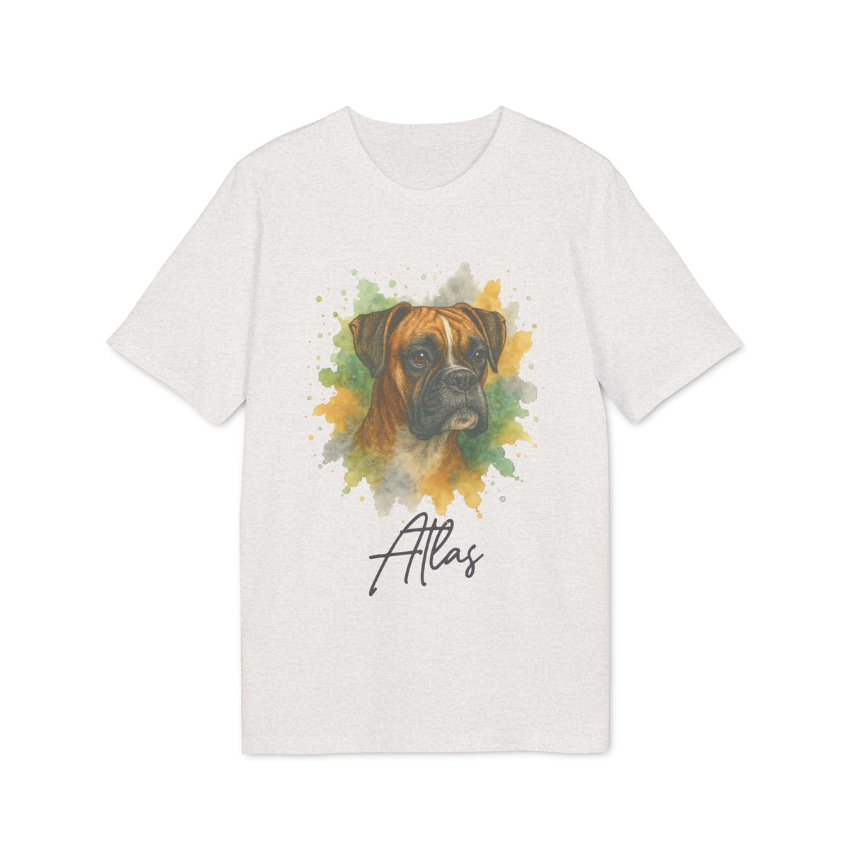 Alt Tag: Boxer Personalized Dog 100% Organic Cotton T-Shirt with watercolor Boxer portrait and custom name Atlas on white tee
