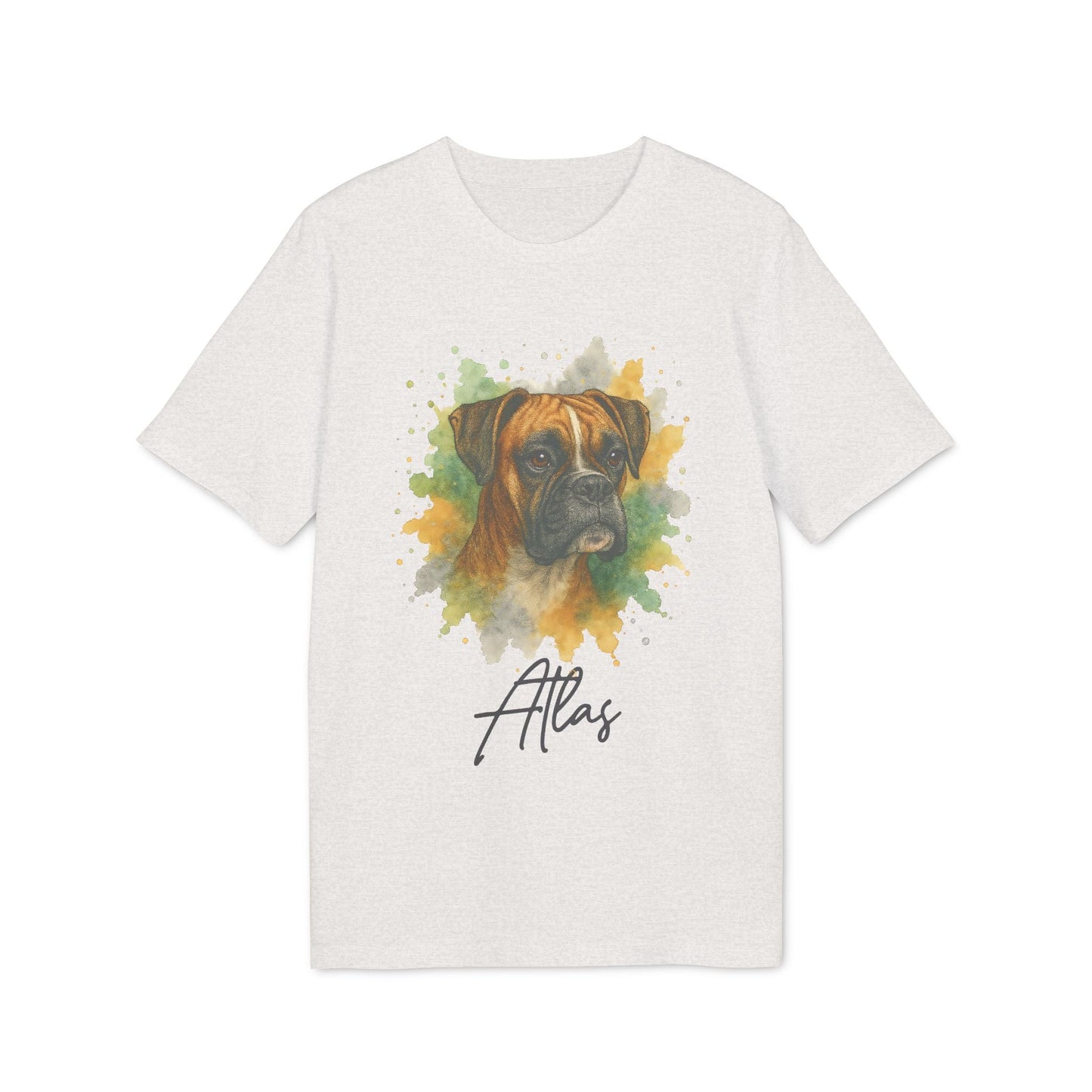 Alt Tag: Boxer Personalized Dog 100% Organic Cotton T-Shirt with watercolor Boxer portrait and custom name Atlas on white tee