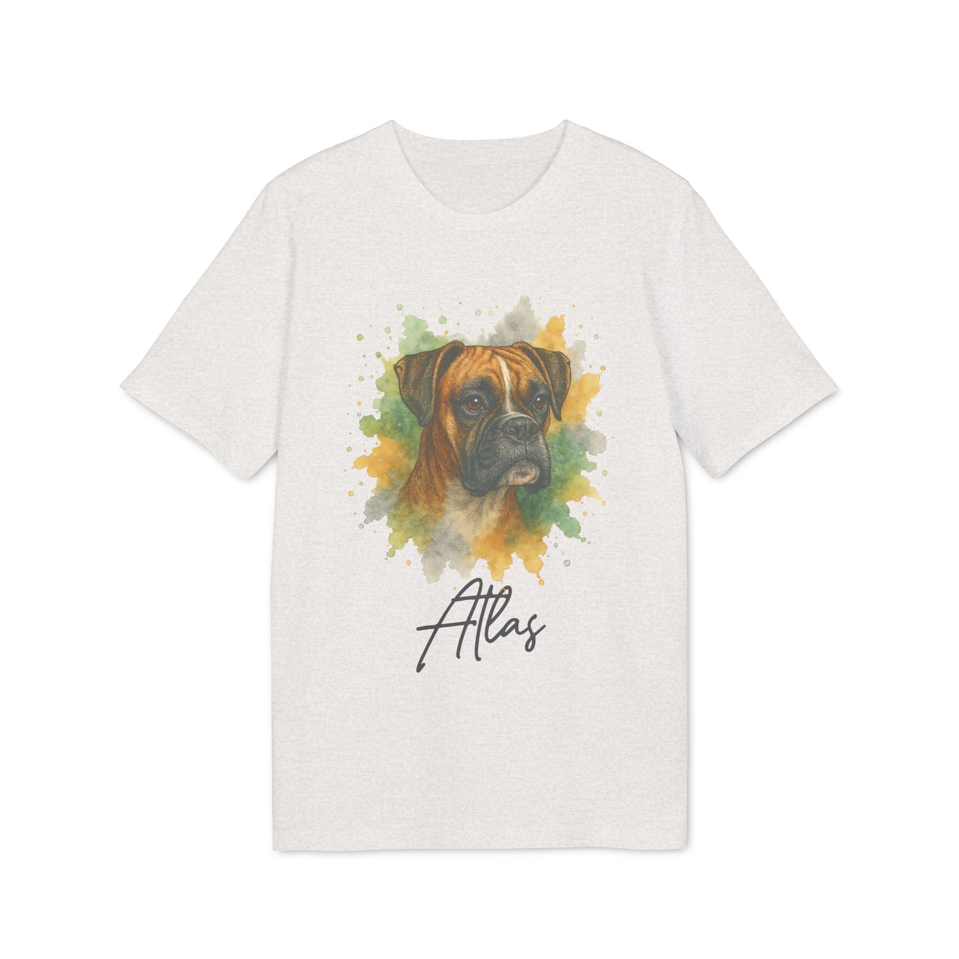 Alt Tag: Boxer Personalized Dog 100% Organic Cotton T-Shirt with watercolor Boxer portrait and custom name Atlas on white tee